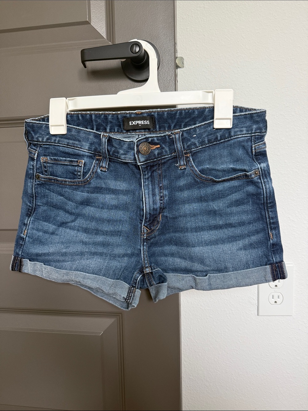 Express Mid-Rise Blue Denim Rolled Hem Shorts